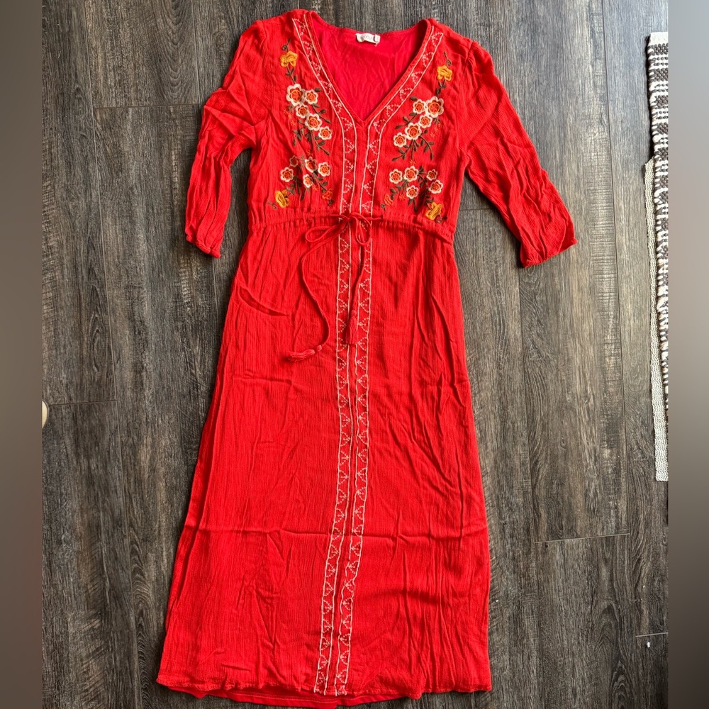 Roolee Red Embroidered V‑Neck Maxi Dress